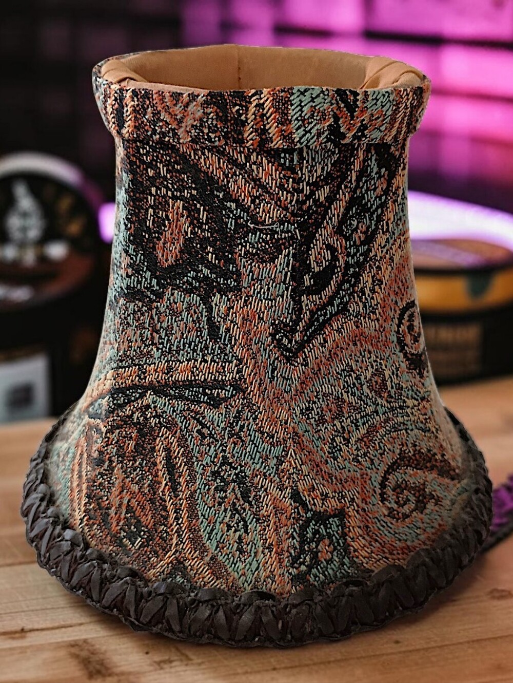 Vtg Mini Tapestry Brocade Lampshade Fabric Bell Shaped Braid Trim Lamp Shade